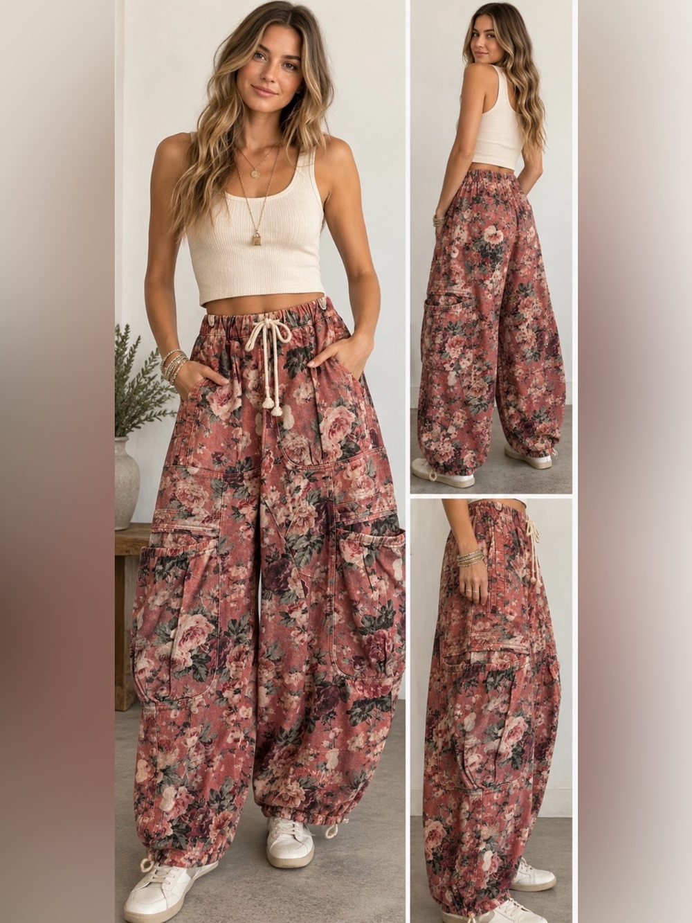 Davi & Dani Floral Wide-Leg Drawstring Barrel style jeans - Size Small NWT